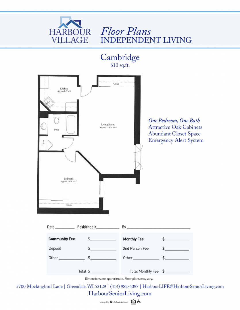 Cambridge 610 sq. ft. floor plan for one bedroom, one bath in a senior living community.