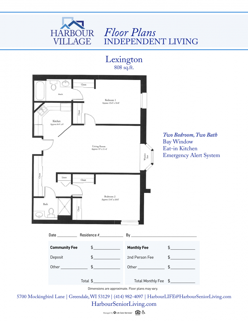 Lexington floor plan with two bedrooms, two baths, bay window, eat-in kitchen, and alert system.