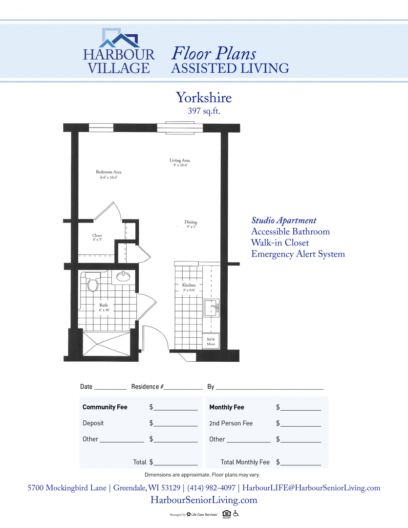 Floor plan for Yorkshire, a 397 sq ft studio apartment in an assisted living community.
