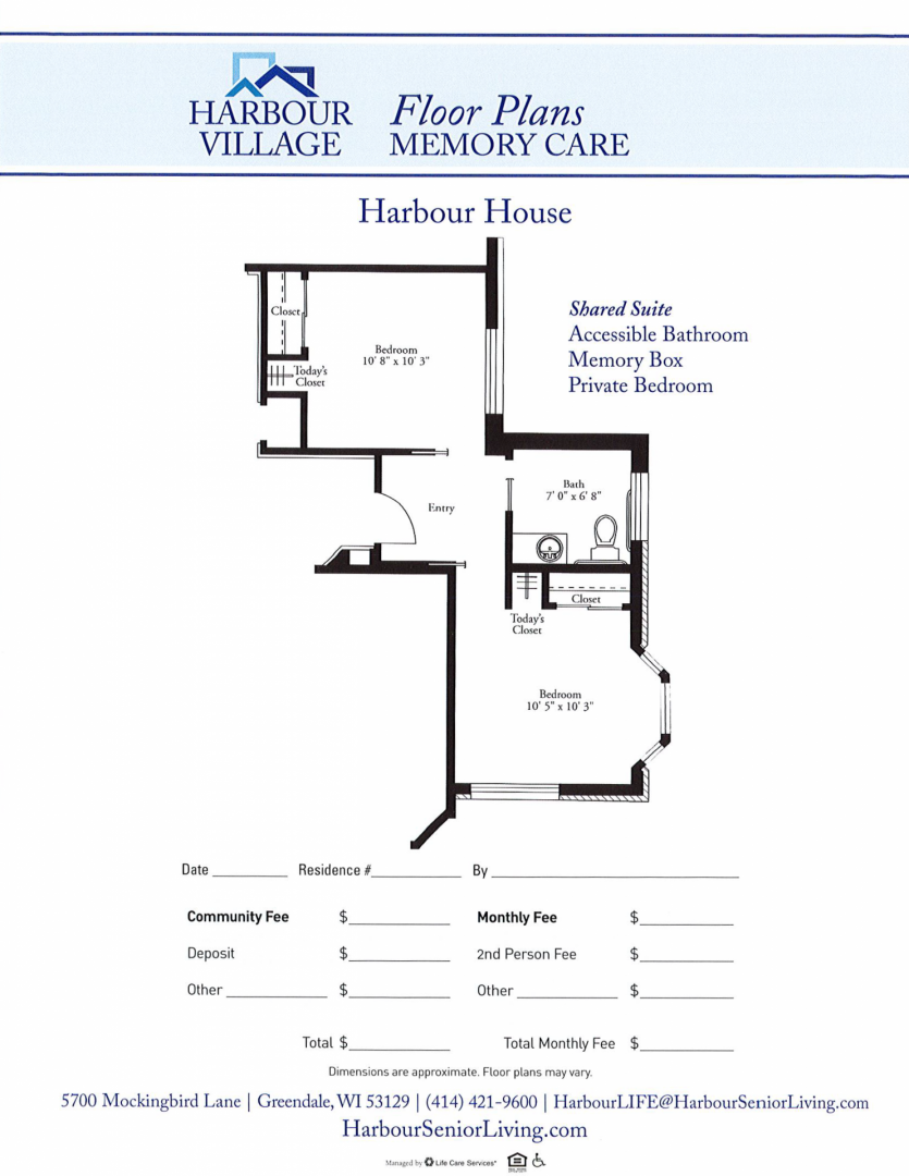 Floor plan of Harbour House shared suite with accessible bathroom, memory box, private bedroom.