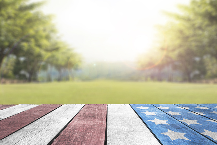 Patriotic picnic table with American flag design in a sunny, green outdoor park.