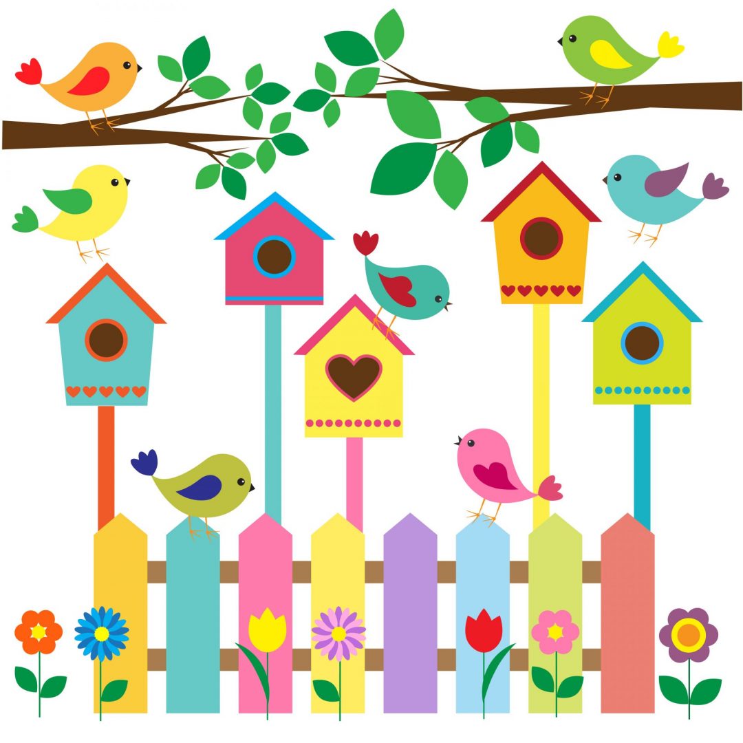 Colorful birdhouses with birds on a fence and tree branch in a whimsical garden.