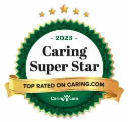 2023 Caring Super Star award badge, top rated on Caring.com with a green and gold design.