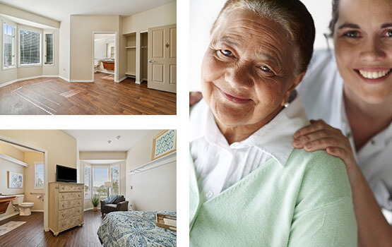 Senior and care giver, bedroom, and empty room collage