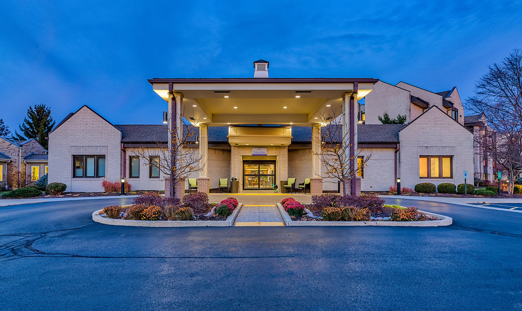 Exterior entrance at dusk