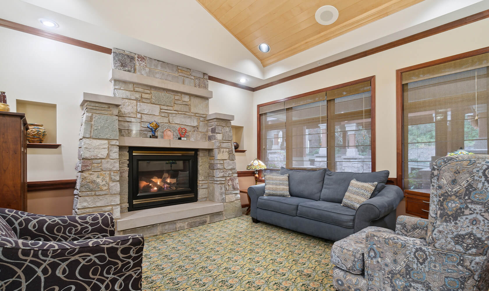 Harbour House lobby with large stone fireplace