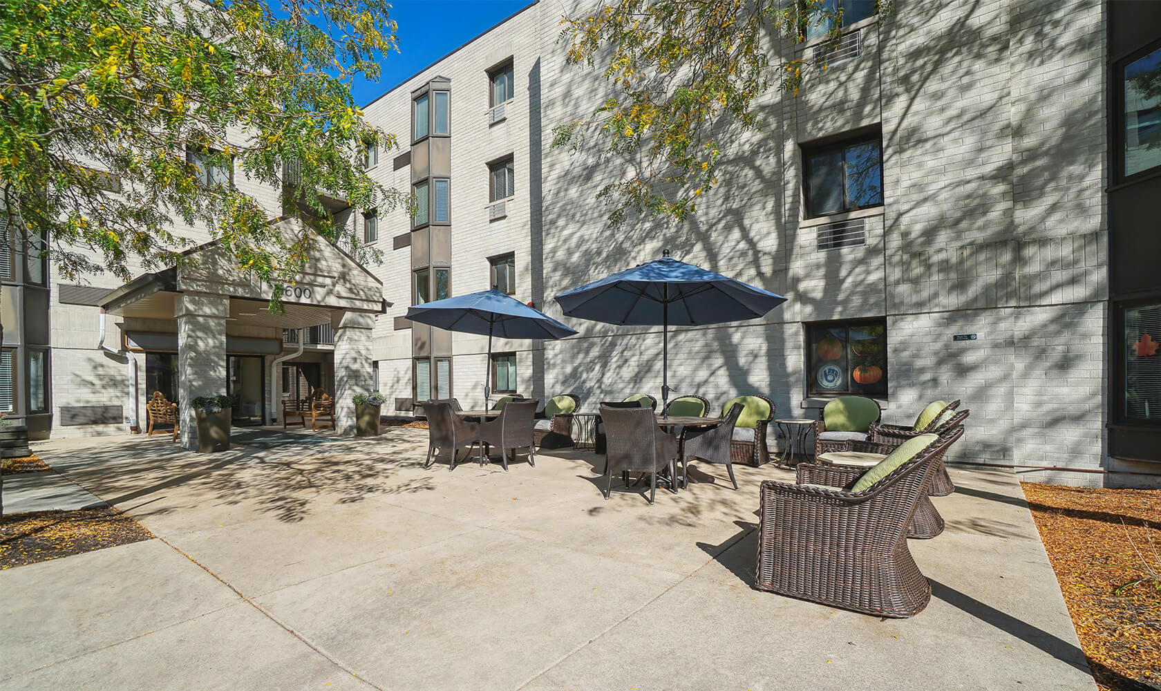 Concord entrance with sitting areas outdoors